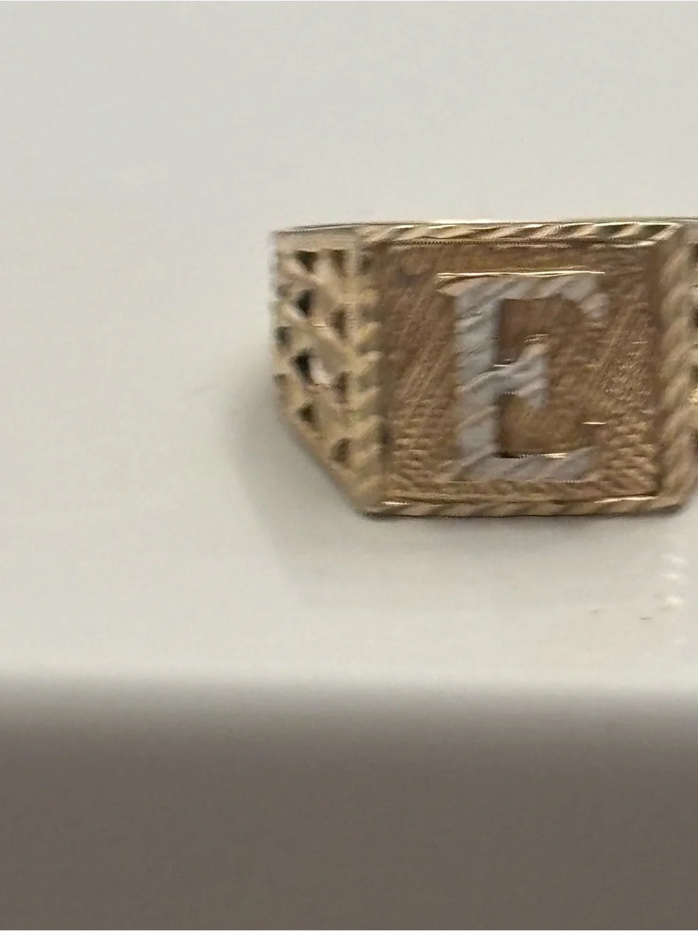 Men's Gold Initial 'E' Signet Ring - Classic Textured Design